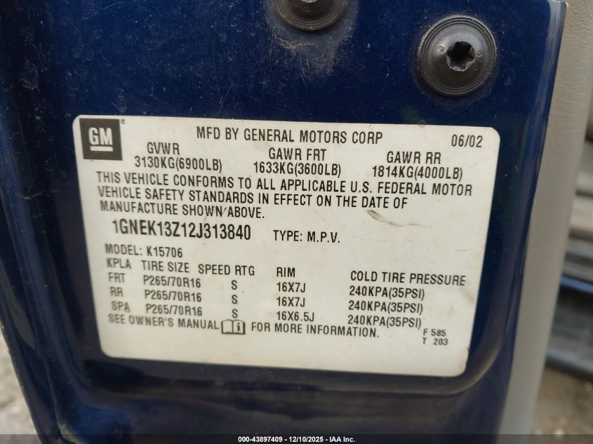 2002 Chevrolet Tahoe Lt VIN: 1GNEK13Z12J313840 Lot: 43897409