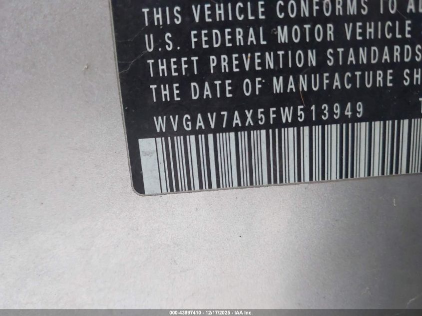 2015 Volkswagen Tiguan S VIN: WVGAV7AX5FW513949 Lot: 43897410