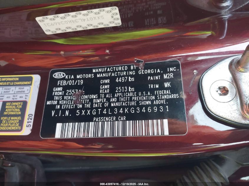 2019 Kia Optima Lx VIN: 5XXGT4L34KG346931 Lot: 43897416