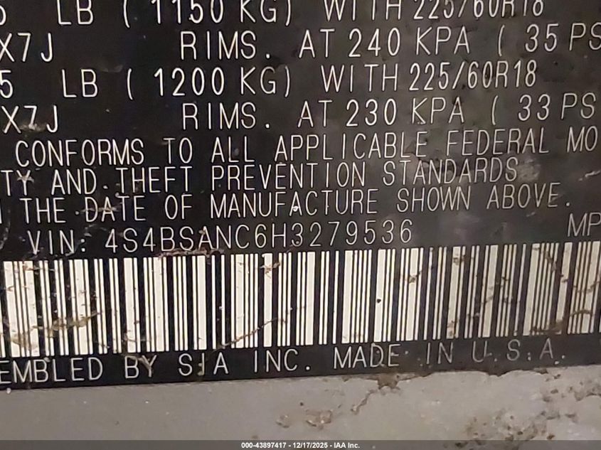 2017 Subaru Outback 2.5I Limited VIN: 4S4BSANC6H3279536 Lot: 43897417