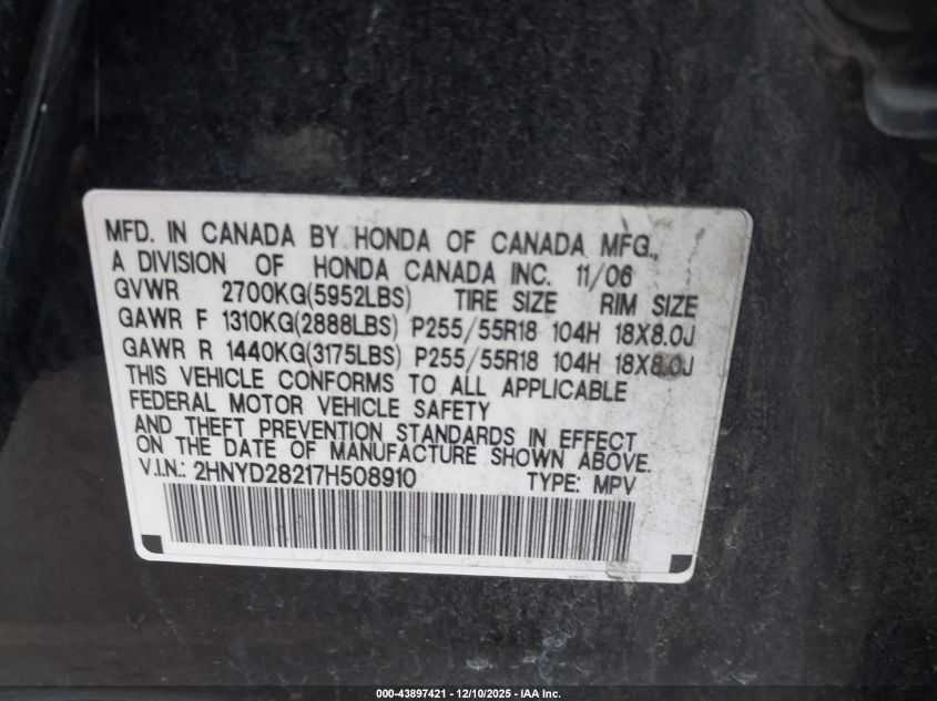 2007 Acura Mdx VIN: 2HNYD28217H508910 Lot: 43897421
