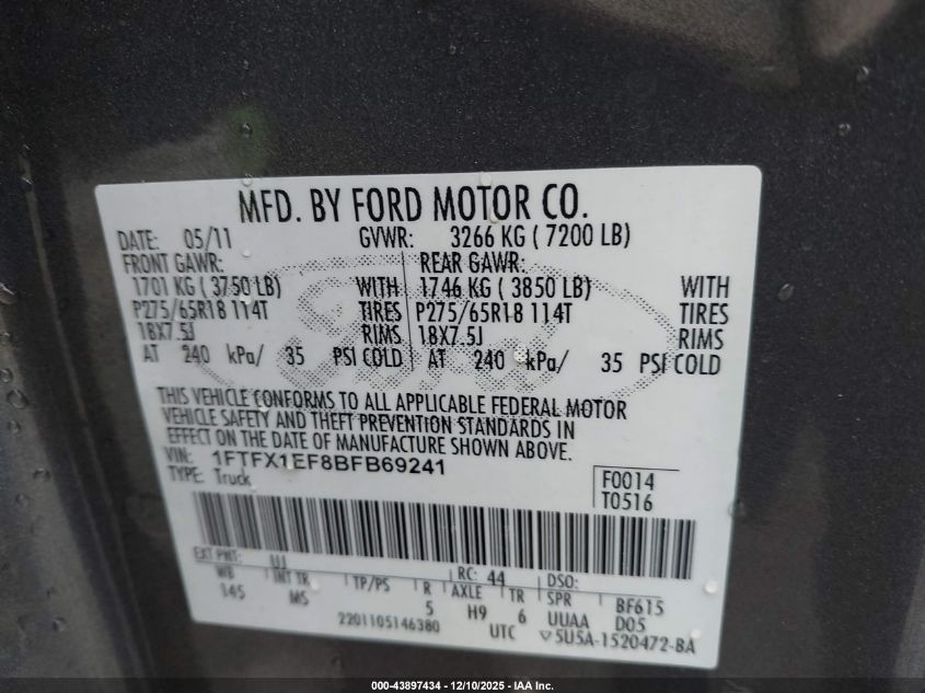 2011 Ford F-150 Xlt VIN: 1FTFX1EF8BFB69241 Lot: 43897434