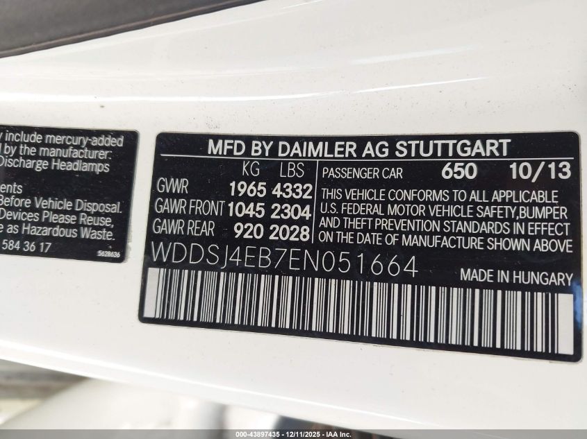 2014 Mercedes-Benz Cla 250 VIN: WDDSJ4EB7EN051664 Lot: 43897435