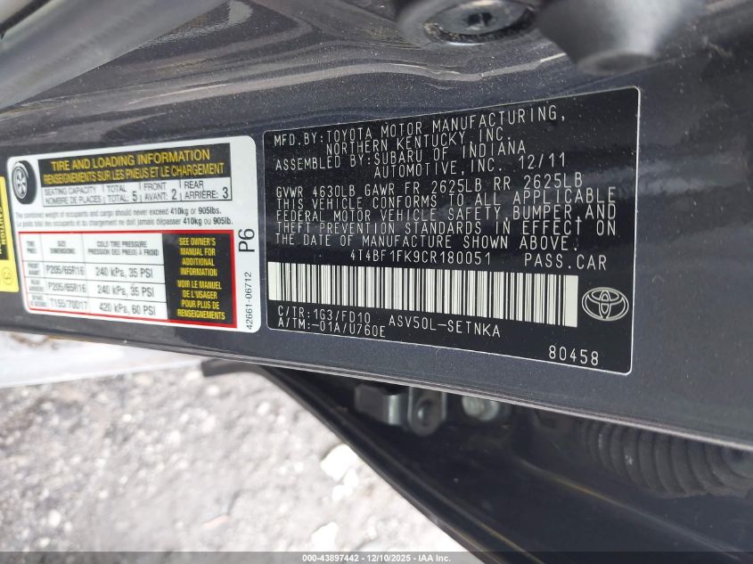 2012 Toyota Camry Le VIN: 4T4BF1FK9CR180051 Lot: 43897442