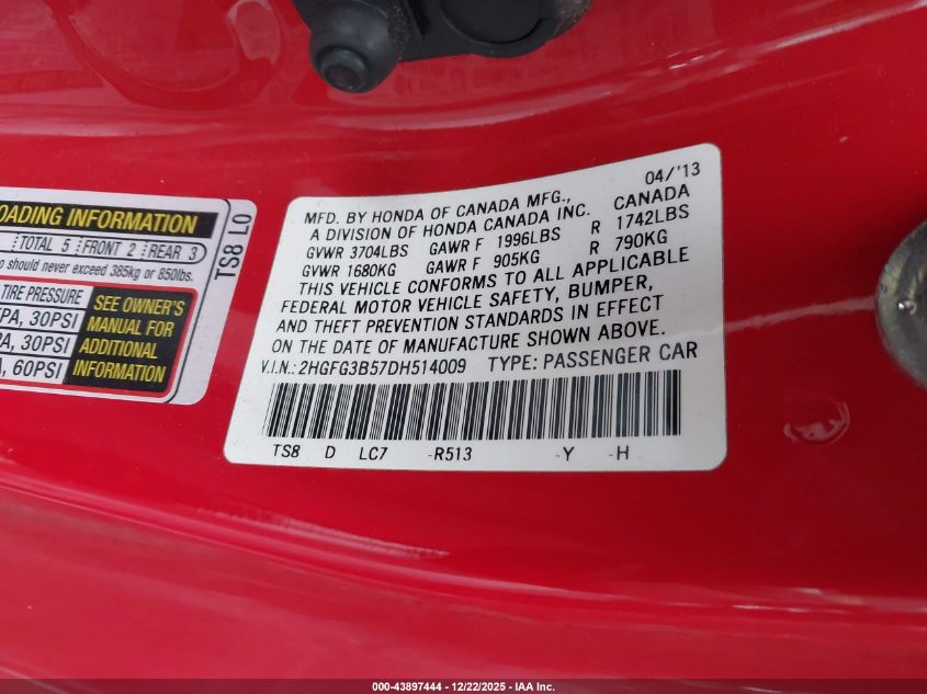 2013 Honda Civic Lx VIN: 2HGFG3B57DH514009 Lot: 43897444