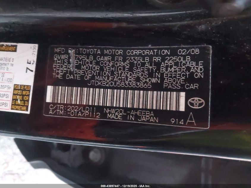 2008 Toyota Prius VIN: JTDKB20U583383865 Lot: 43897447
