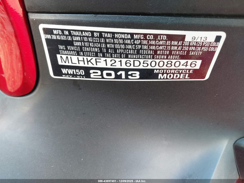 2013 Honda Pcx 150 VIN: MLHKF1216D5008046 Lot: 43897451