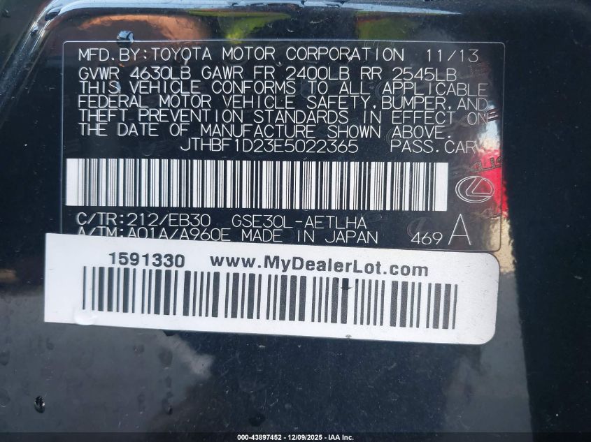 2014 Lexus Is 250 VIN: JTHBF1D23E5022365 Lot: 43897452