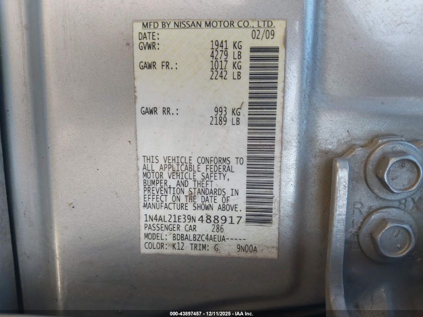 2009 Nissan Altima 2.5 S VIN: 1N4AL21E39N488917 Lot: 43897457