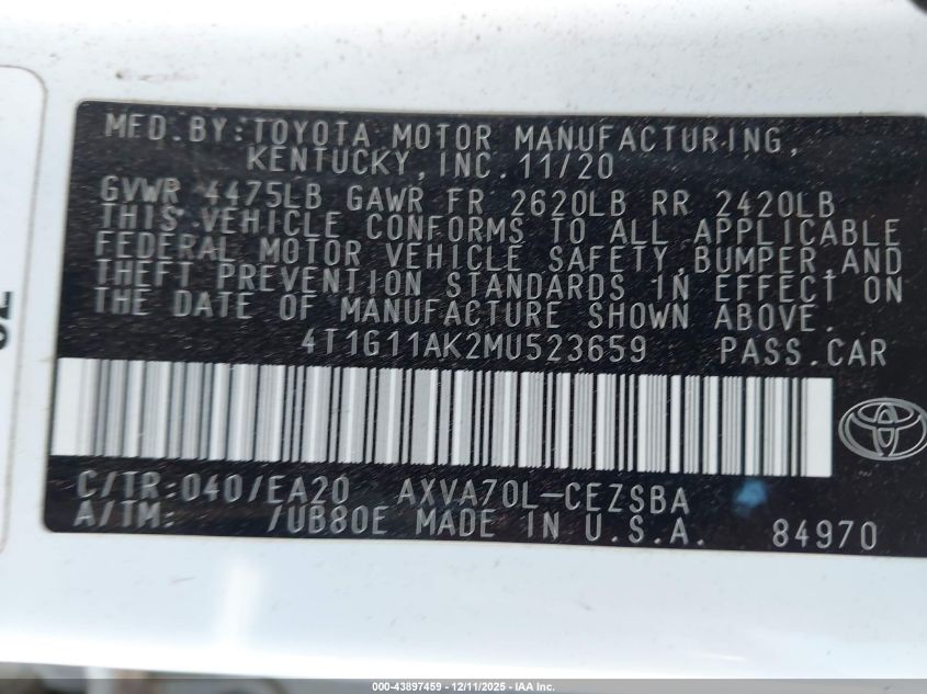 2021 Toyota Camry Se VIN: 4T1G11AK2MU523659 Lot: 43897459