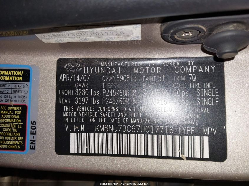 2007 Hyundai Veracruz Gls/Limited/Se VIN: KM8NU73C67U017716 Lot: 43897461