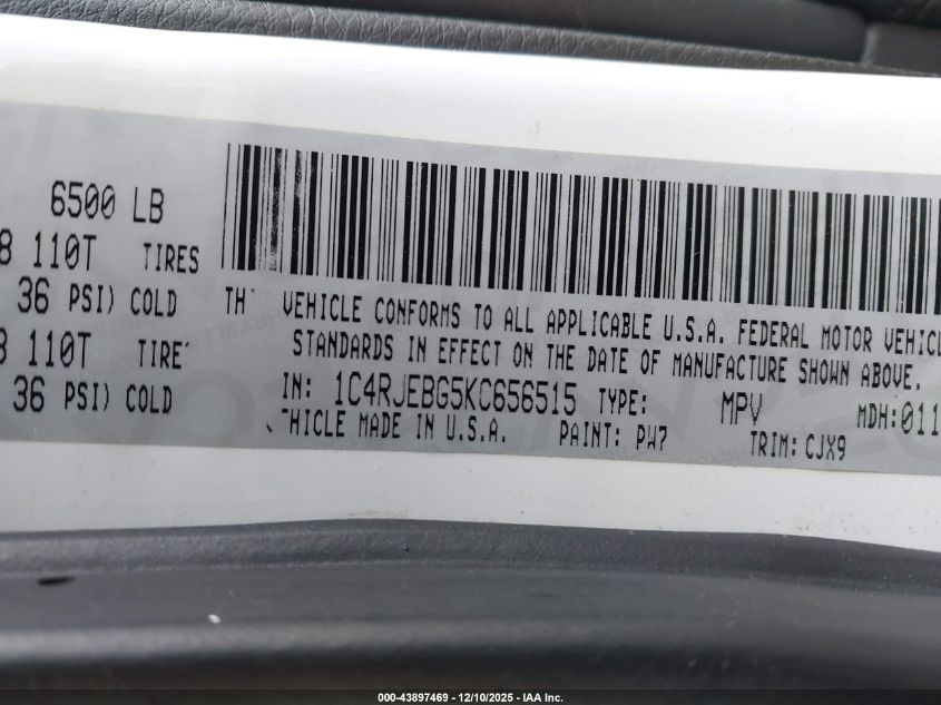 2019 Jeep Grand Cherokee Limited 4X2 VIN: 1C4RJEBG5KC656515 Lot: 43897469