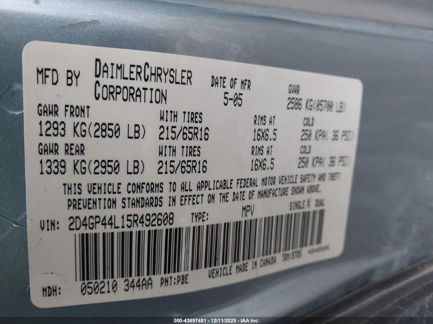 2005 Dodge Grand Caravan Sxt VIN: 2D4GP44L15R492608 Lot: 43897481