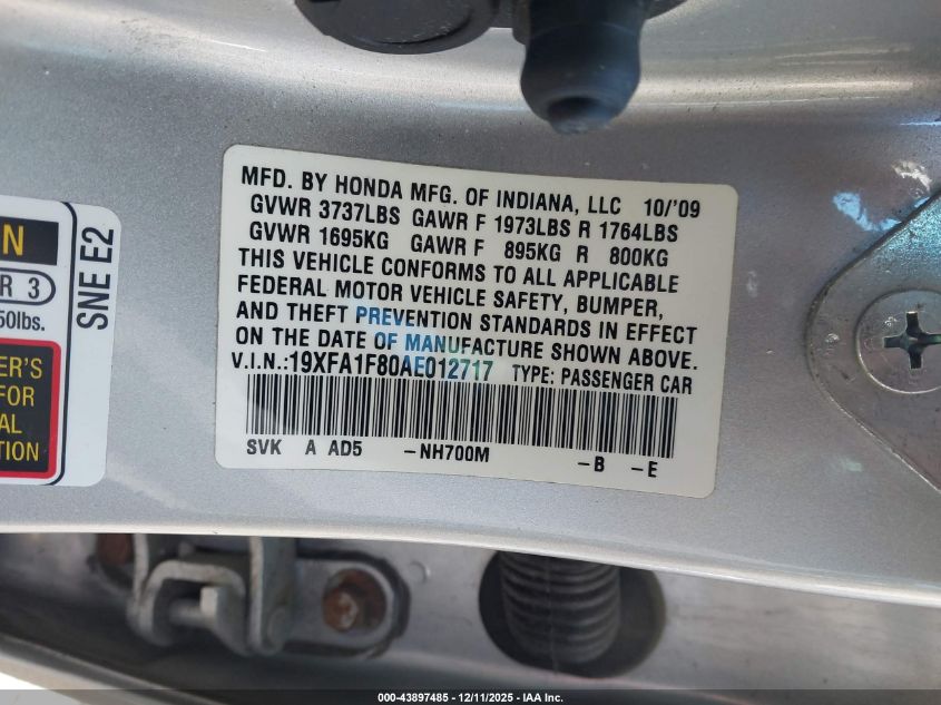 2010 Honda Civic Ex VIN: 19XFA1F80AE012717 Lot: 43897485
