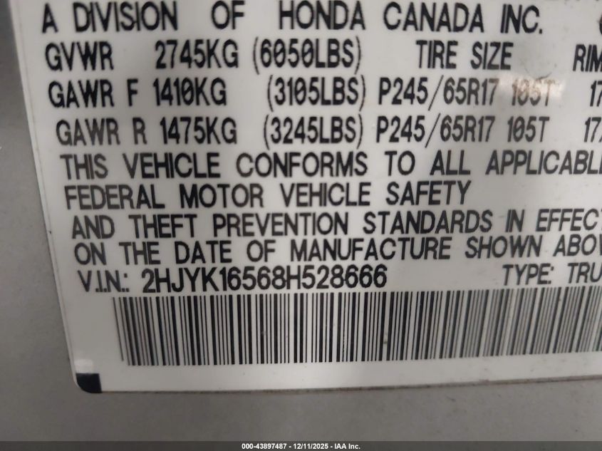 2008 Honda Ridgeline Rtl VIN: 2HJYK16568H528666 Lot: 43897487