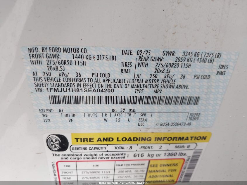 2025 Ford Expedition Active VIN: 1FMJU1H81SEA04200 Lot: 43897488