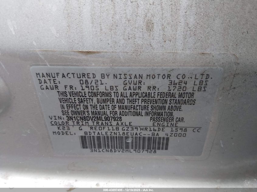 2021 Nissan Versa S Xtronic Cvt VIN: 3N1CN8DV2ML907928 Lot: 43897495