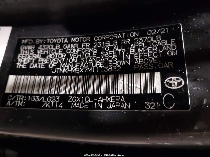 2021 Toyota C-Hr Limited VIN: JTNKHMBX7M1113832 Lot: 43897497