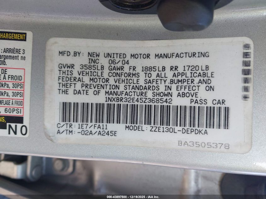 2005 Toyota Corolla Ce VIN: 1NXBR32E45Z368542 Lot: 43897500