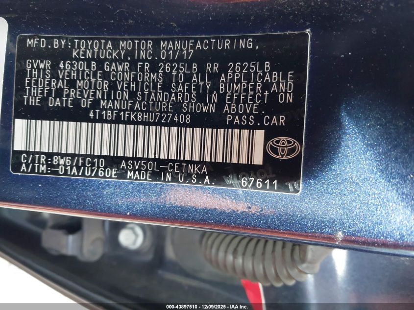 2017 Toyota Camry Le VIN: 4T1BF1FK8HU727408 Lot: 43897510