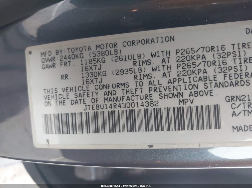 2003 Toyota 4Runner Sr5 V6 VIN: JTEBU14R430014382 Lot: 43897514