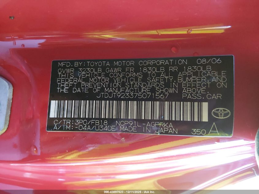 2007 Toyota Yaris VIN: JTDJT923375071567 Lot: 43897523