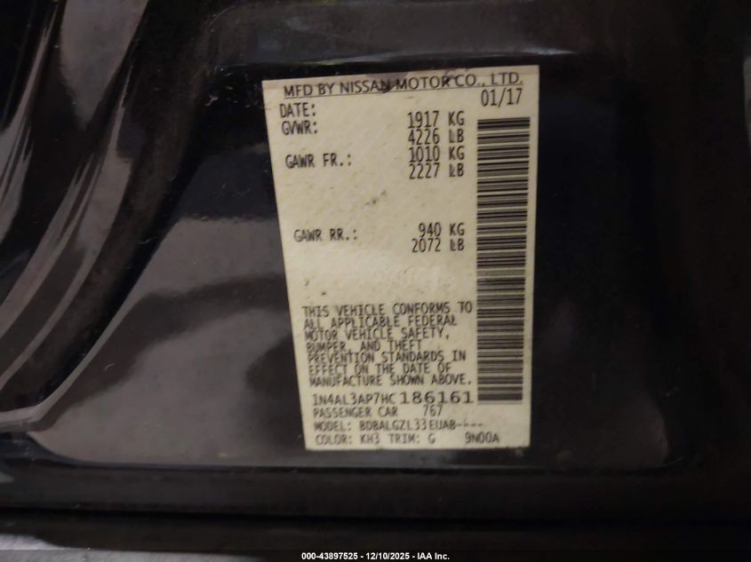 2017 Nissan Altima 2.5 S VIN: 1N4AL3AP7HC186161 Lot: 43897525