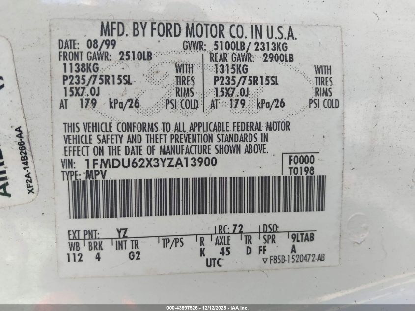 2000 Ford Explorer Xls VIN: 1FMDU62X3YZA13900 Lot: 43897526