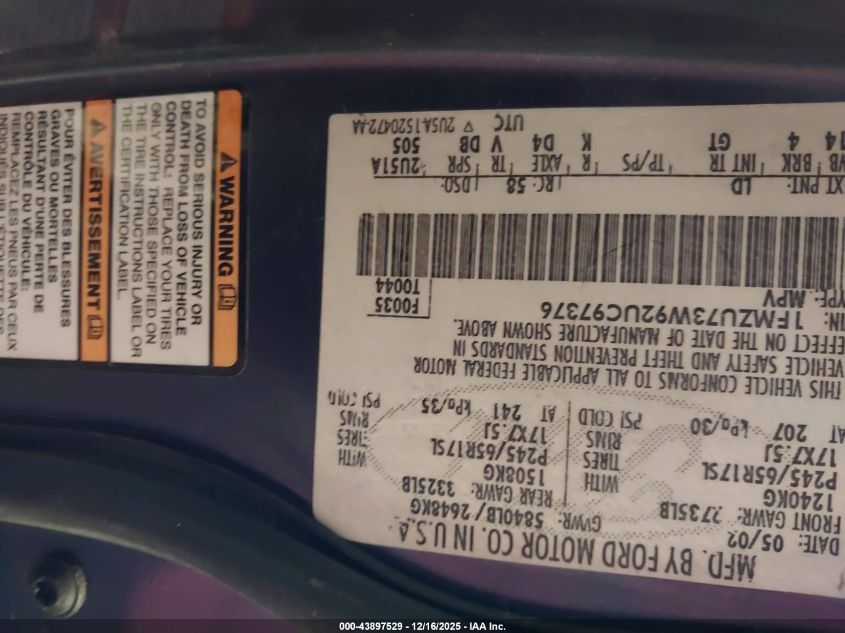 2002 Ford Explorer Xlt VIN: 1FMZU73W92UC97376 Lot: 43897529