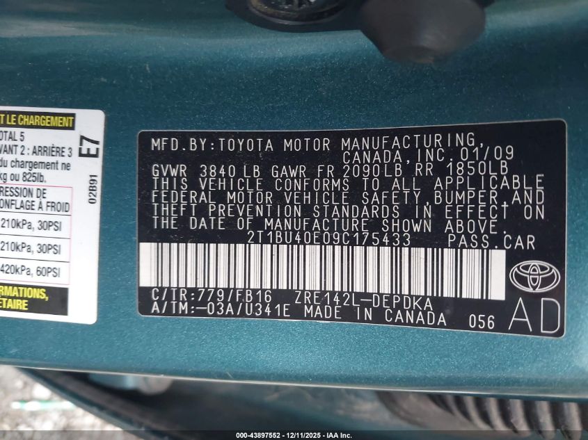 2009 Toyota Corolla Le VIN: 2T1BU40E09C175433 Lot: 43897552