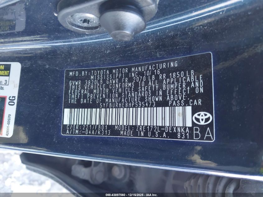 2017 Toyota Corolla Le VIN: 5YFBURHE8HP595473 Lot: 43897560