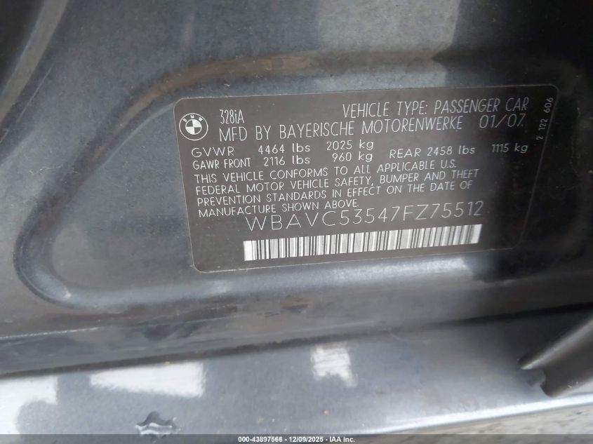 2007 BMW 328I VIN: WBAVC53547FZ75512 Lot: 43897566