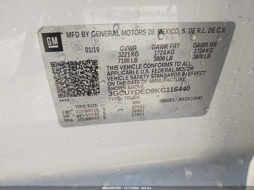 2019 Chevrolet Silverado 1500 Lt VIN: 3GCUYDED9KG116440 Lot: 43897568