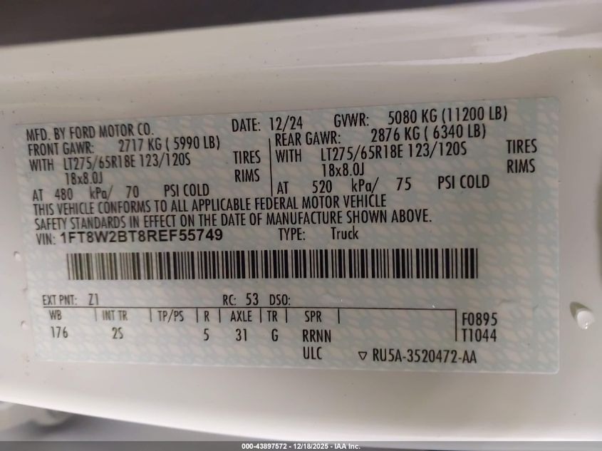 2024 Ford F-250 Xlt VIN: 1FT8W2BT8REF55749 Lot: 43897572