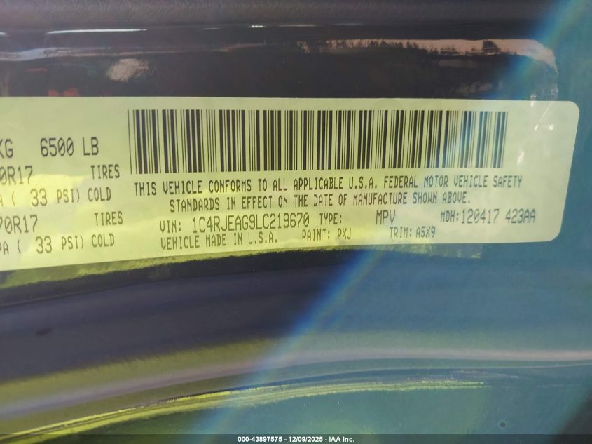 2020 Jeep Grand Cherokee Laredo E 4X2 VIN: 1C4RJEAG9LC219670 Lot: 43897575