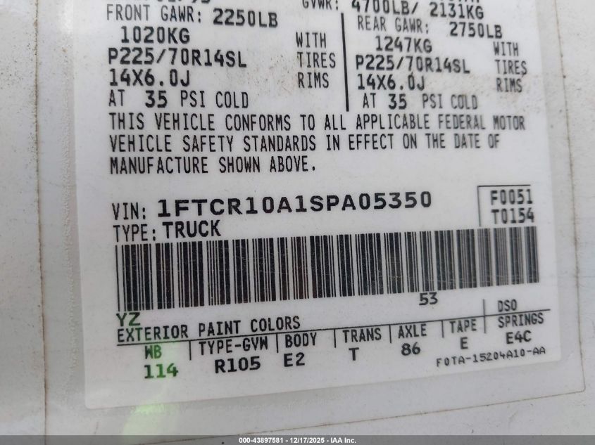 1995 Ford Ranger VIN: 1FTCR10A1SPA05350 Lot: 43897581