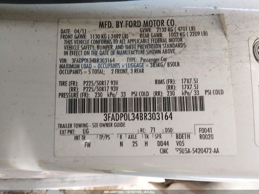 2011 Ford Fusion Hybrid VIN: 3FADP0L34BR303164 Lot: 43897583