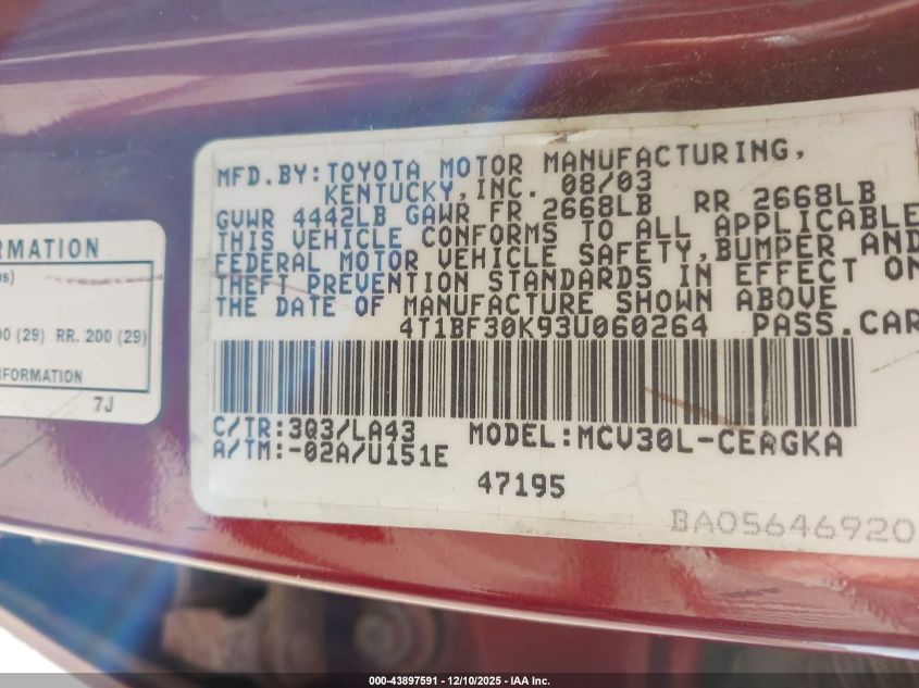 2003 Toyota Camry Xle V6 VIN: 4T1BF30K93U060264 Lot: 43897591