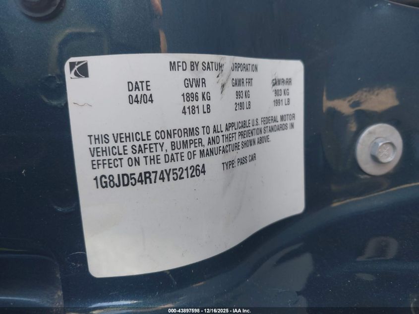 2004 Saturn L300 2 VIN: 1G8JD54R74Y521264 Lot: 43897598