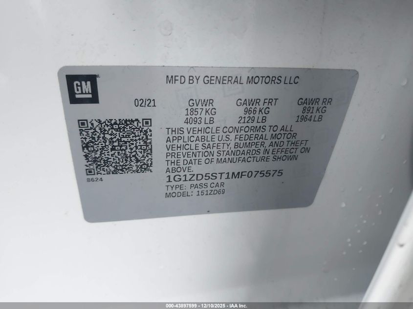 2021 Chevrolet Malibu Fwd Lt VIN: 1G1ZD5ST1MF075575 Lot: 43897599