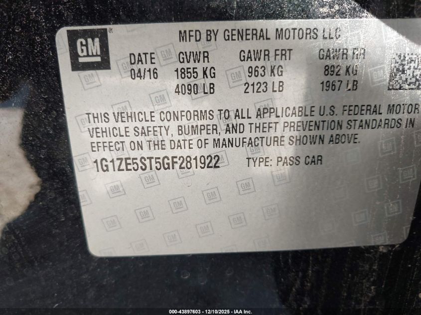 2016 Chevrolet Malibu 1Lt VIN: 1G1ZE5ST5GF281922 Lot: 43897603