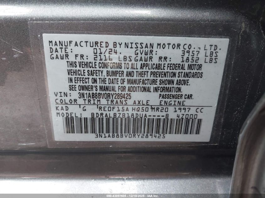 2024 Nissan Sentra S Xtronic Cvt VIN: 3N1AB8BV0RY289425 Lot: 43897605