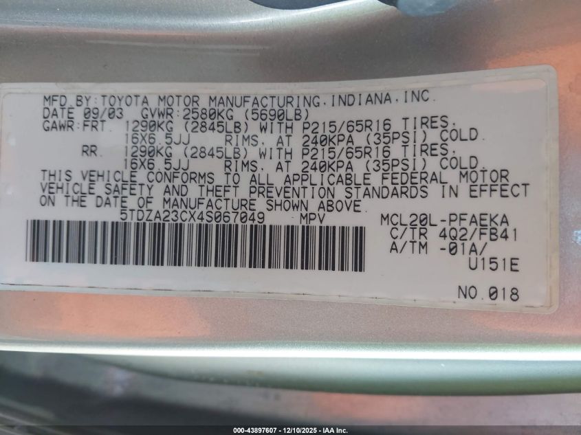 2004 Toyota Sienna Le VIN: 5TDZA23CX4S067049 Lot: 43897607