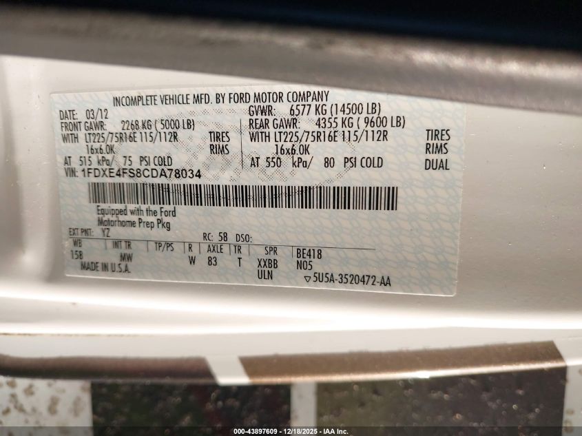2012 Ford E-450 Cutaway VIN: 1FDXE4FS8CDA78034 Lot: 43897609