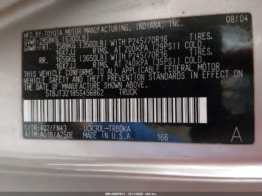 2005 Toyota Tundra Base V8 VIN: 5TBJT32185S456862 Lot: 43897611