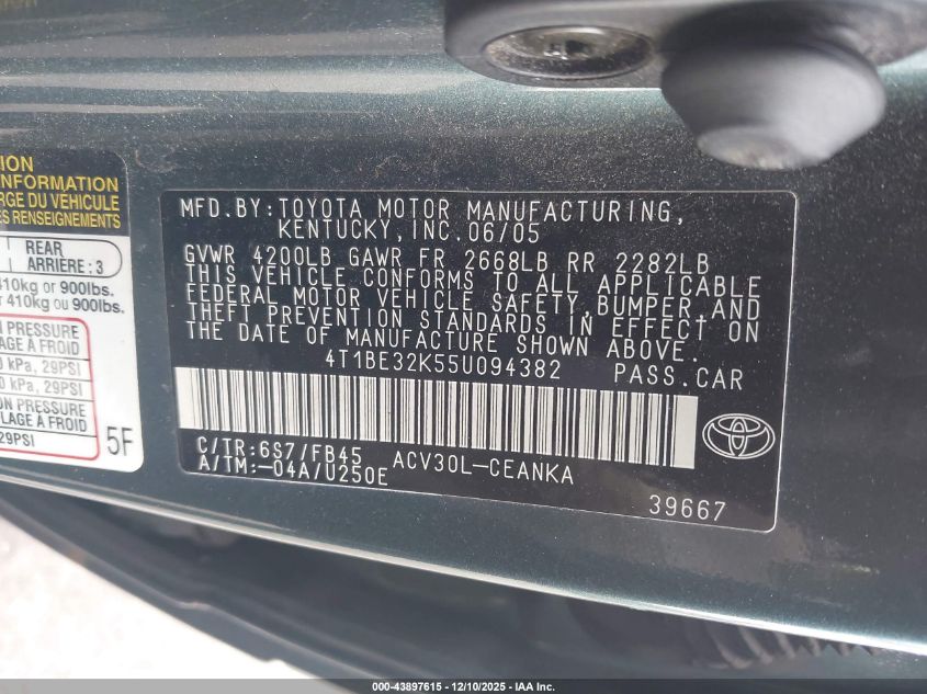 2005 Toyota Camry Le VIN: 4T1BE32K55U094382 Lot: 43897615