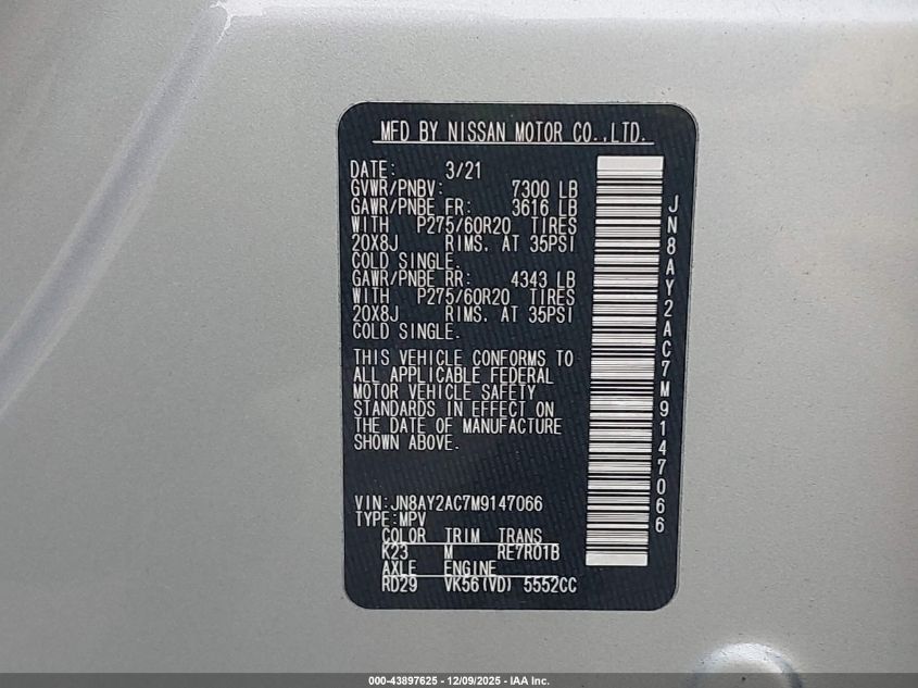 2021 Nissan Armada Sv 2Wd VIN: JN8AY2AC7M9147066 Lot: 43897625