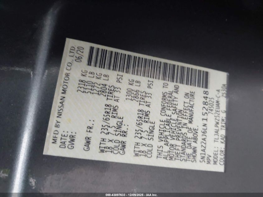 2020 Nissan Murano S Fwd VIN: 5N1AZ2AJ6LN152848 Lot: 43897633