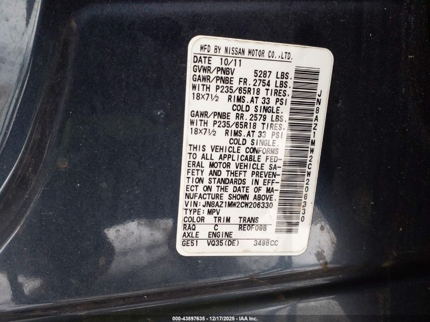 2012 Nissan Murano S VIN: JN8AZ1MW2CW206330 Lot: 43897635