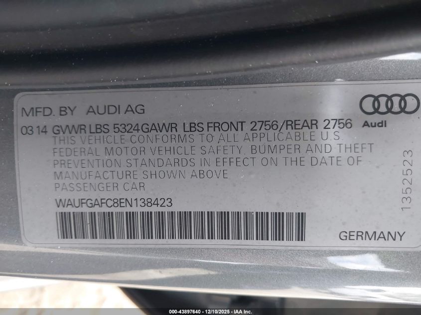 2014 Audi A6 3.0T Premium Plus VIN: WAUFGAFC8EN138423 Lot: 43897640